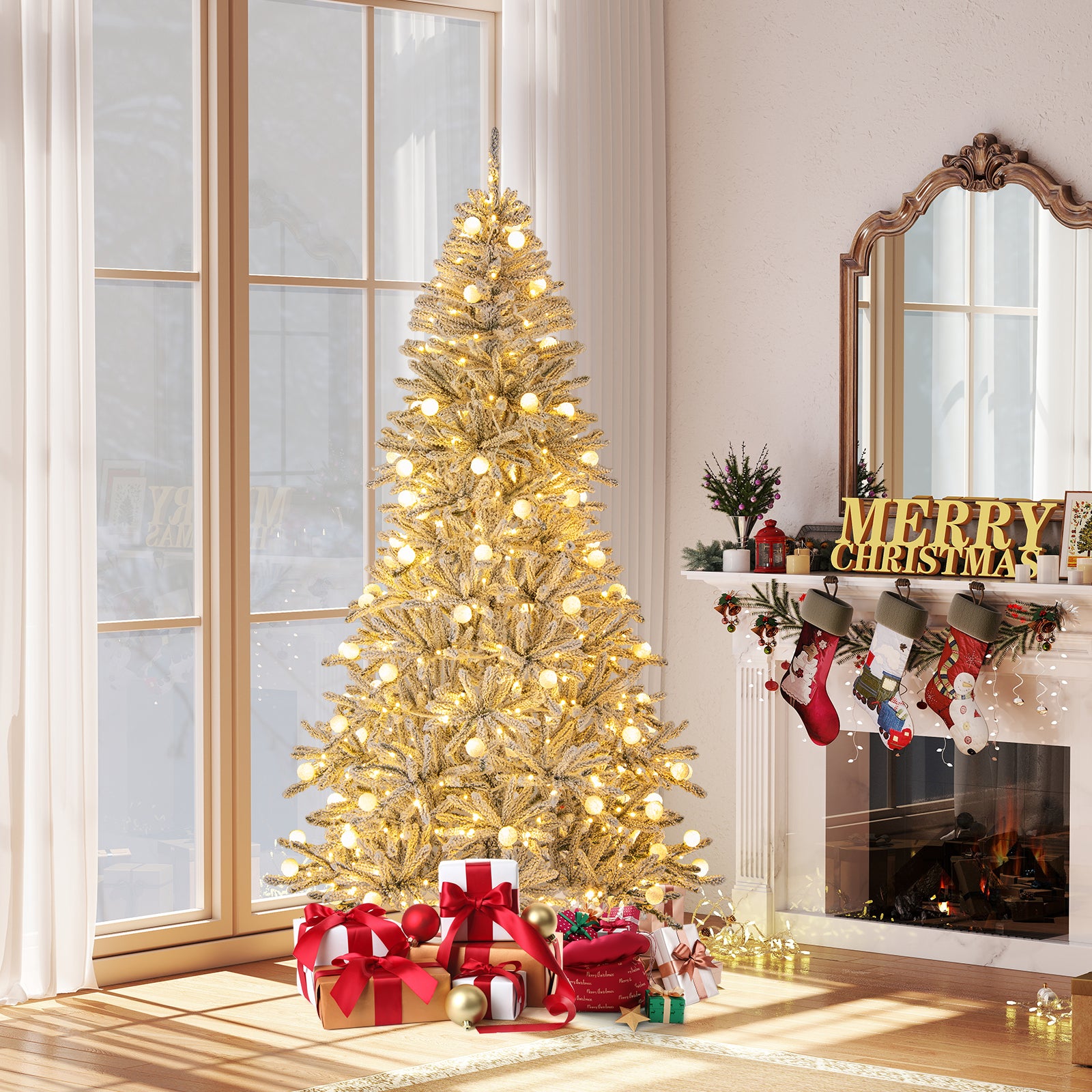 7ft Pre-lit Artificial Christmas Tree, Hinged With Remote, Green Christmas Tree at Gallery Canada