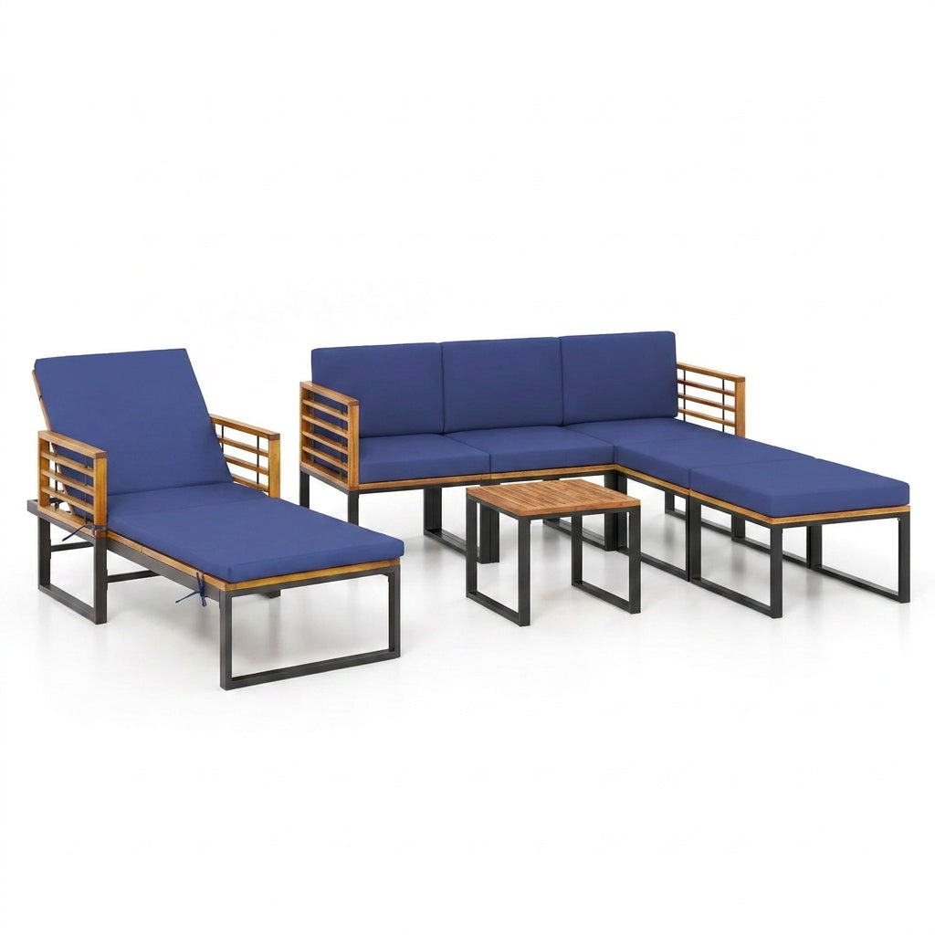 7-Piece Acacia Wood Patio Furniture Set with Adjustable Chaise Lounge Chair and Conversation Sofa Set, Navy Patio Furniture Sets at Gallery Canada