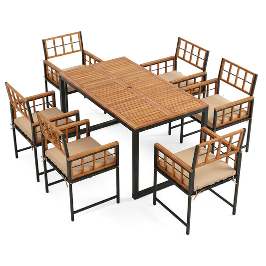 7-Piece Outdoor Dining Set, Table, Chairs, Umbrella Hole, Acacia Wood Patio Dining Sets Natural & Black at Gallery Canada