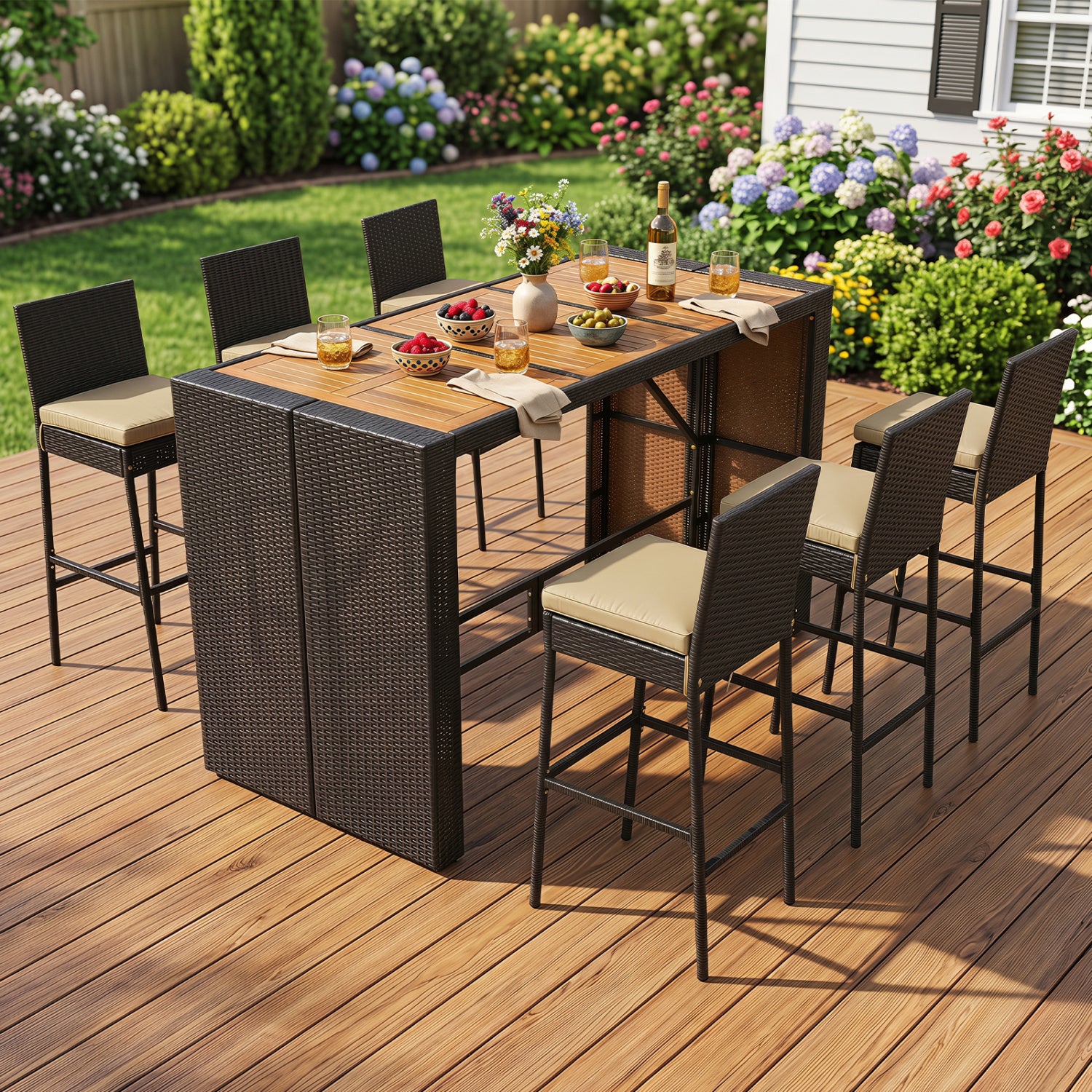 7-Piece Outdoor Wicker Bar Set With Cushioned Stools, Brown Patio Dining Sets at Gallery Canada