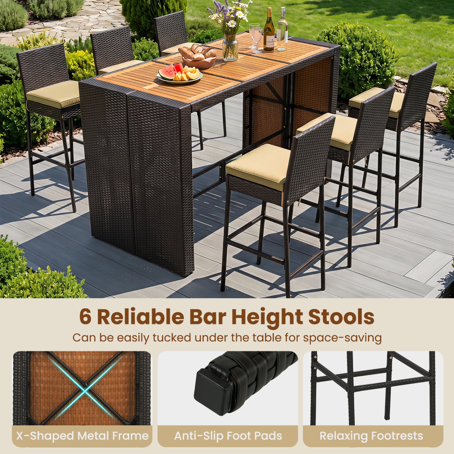 7-Piece Outdoor Wicker Bar Set With Cushioned Stools, Brown Patio Dining Sets at Gallery Canada