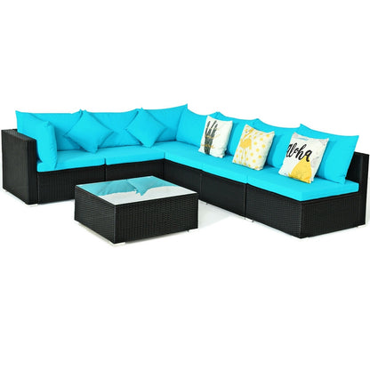 7-Piece Outdoor Wicker Sectional Sofa Set, Tempered Glass Top, Blue Outdoor Sectionals Blue at Gallery Canada