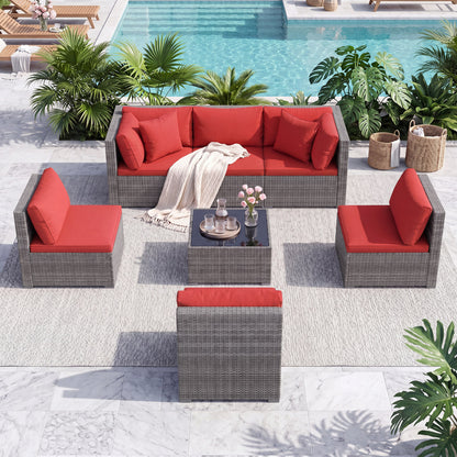 7-Piece PE Rattan Patio Set, Glass Table, Cushions, Red