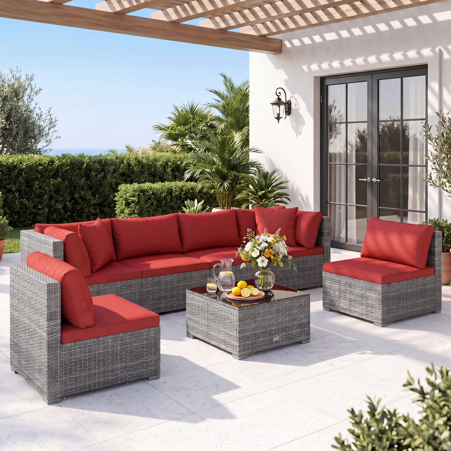 7-Piece PE Rattan Patio Set, Glass Table, Cushions, Red