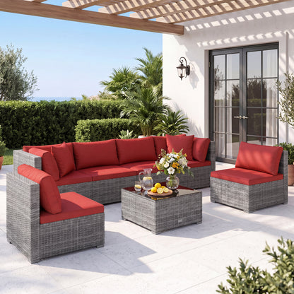 7-Piece PE Rattan Patio Set, Glass Table, Cushions, Red