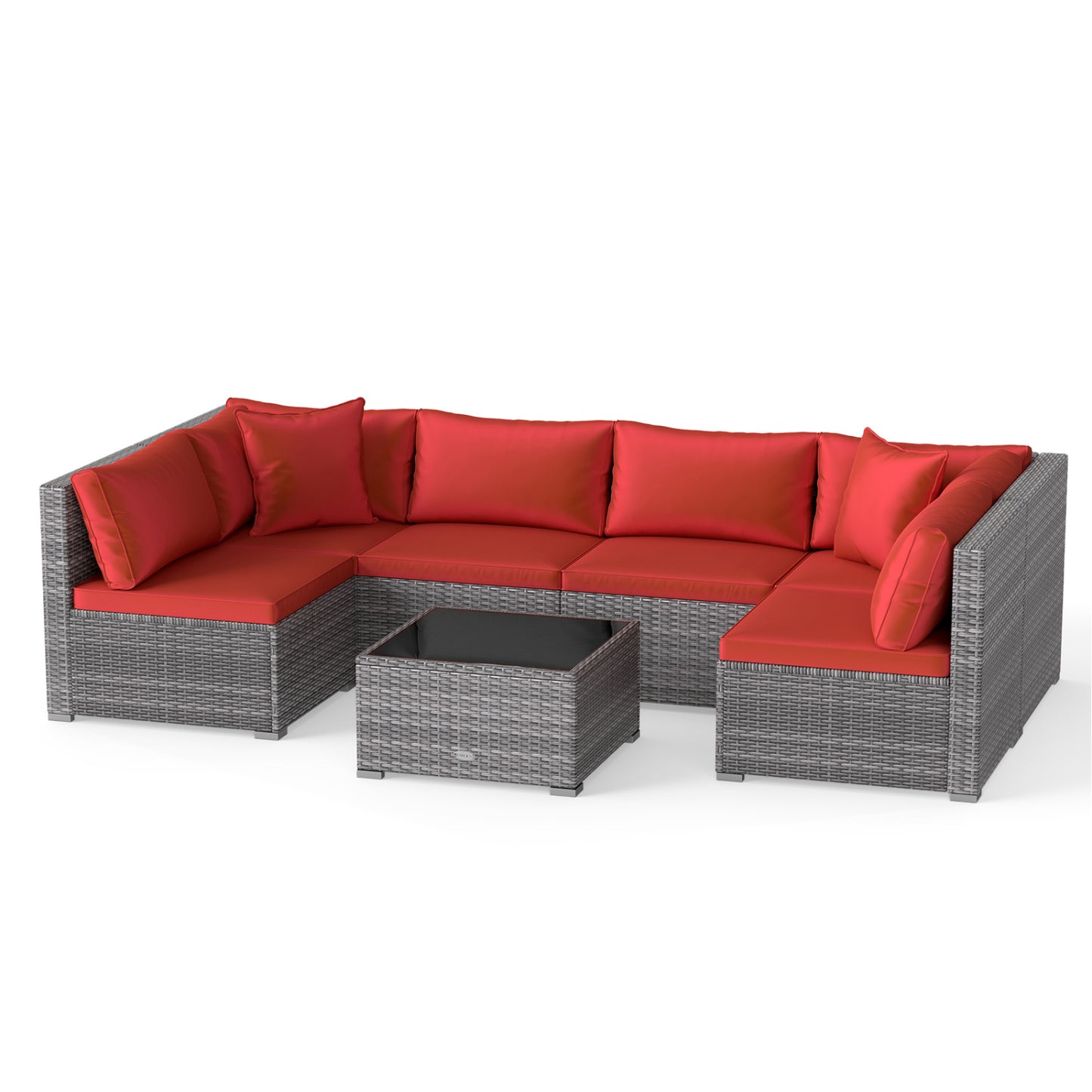 7-Piece PE Rattan Patio Set, Glass Table, Cushions, Red