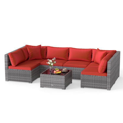 7-Piece PE Rattan Patio Set, Glass Table, Cushions, Red