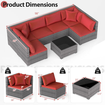 7-Piece PE Rattan Patio Set, Glass Table, Cushions, Red
