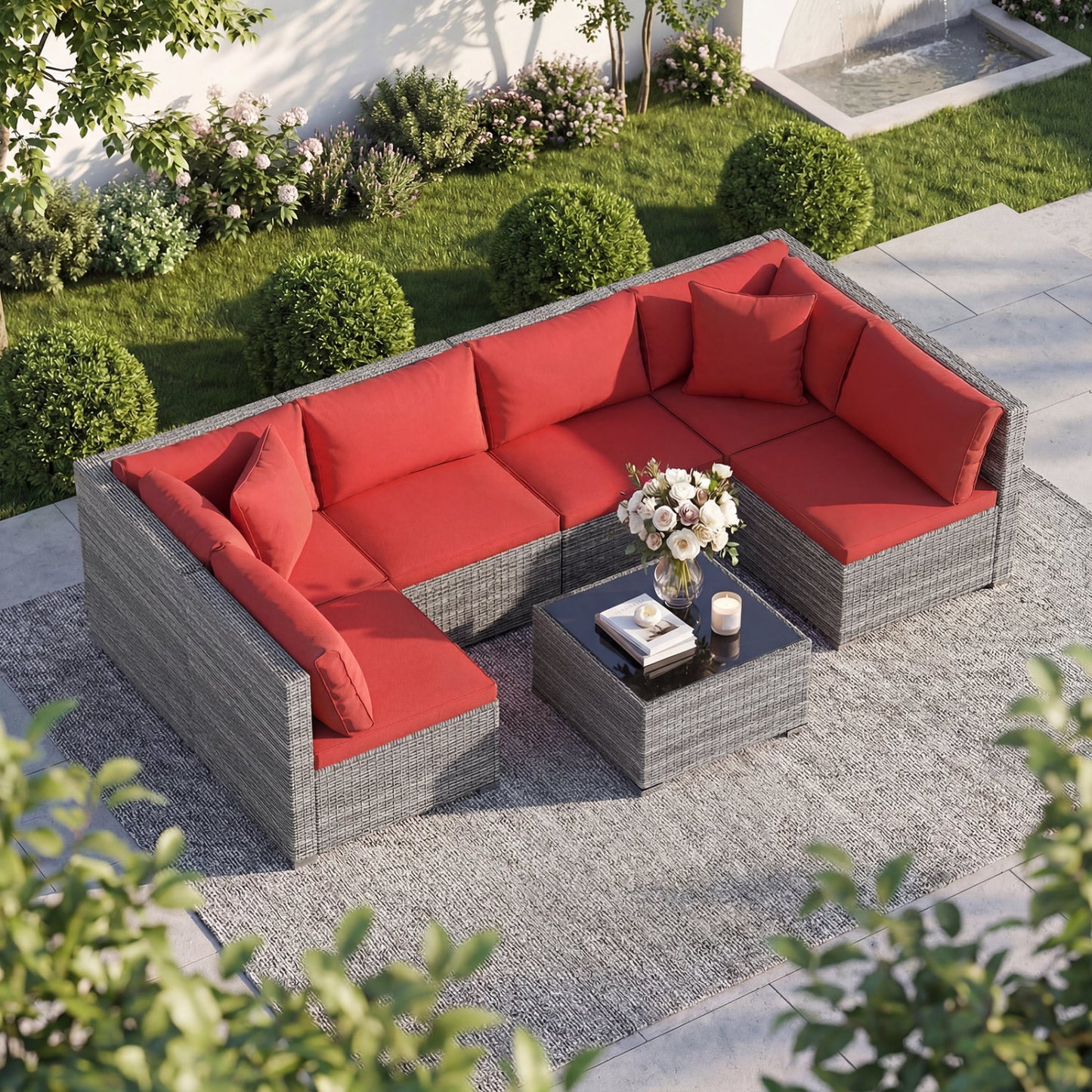 7-Piece PE Rattan Patio Set, Glass Table, Cushions, Red