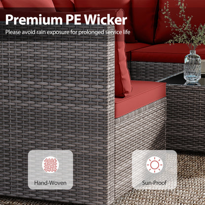 7-Piece PE Rattan Patio Set, Glass Table, Cushions, Red