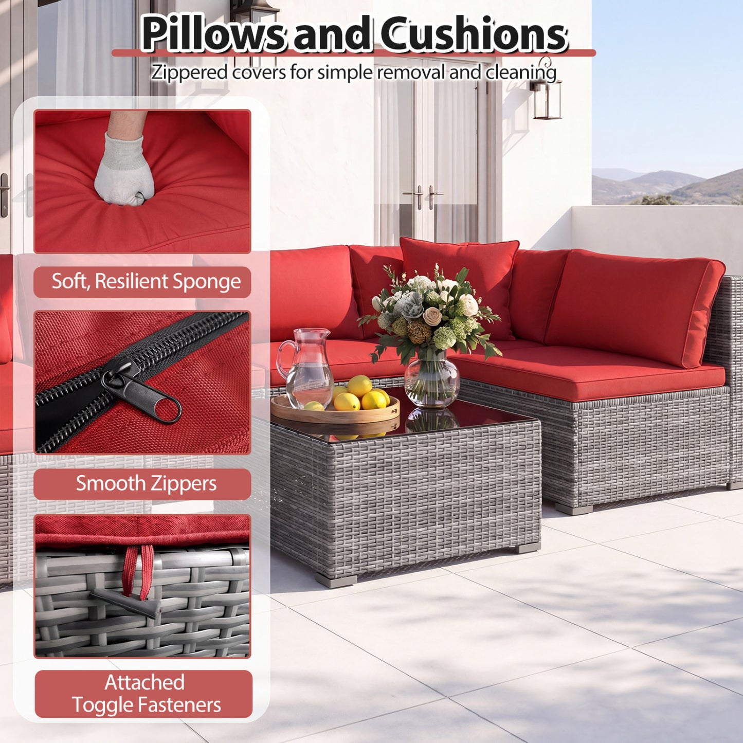7-Piece PE Rattan Patio Set, Glass Table, Cushions, Red