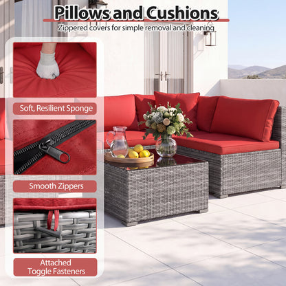 7-Piece PE Rattan Patio Set, Glass Table, Cushions, Red