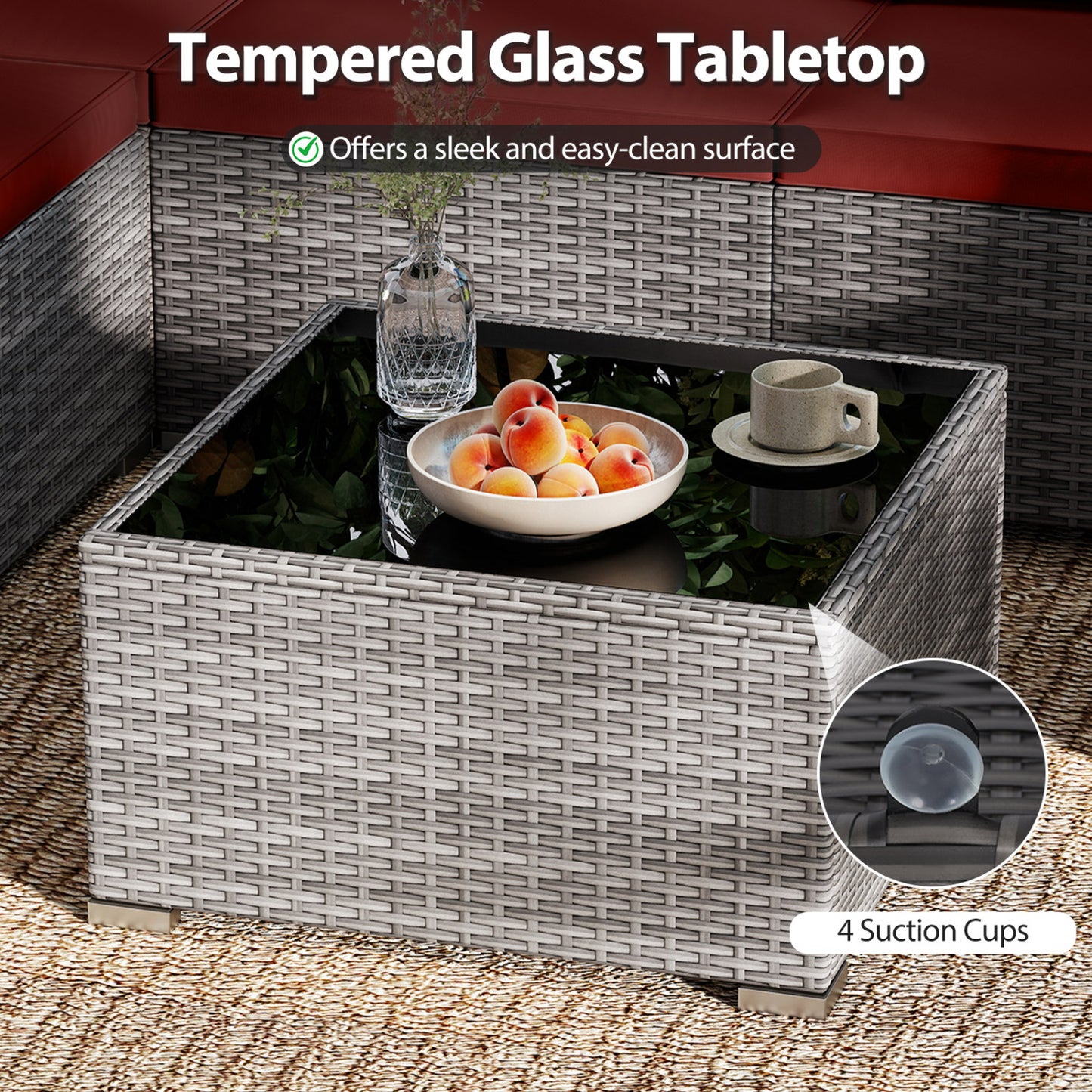 7-Piece PE Rattan Patio Set, Glass Table, Cushions, Red