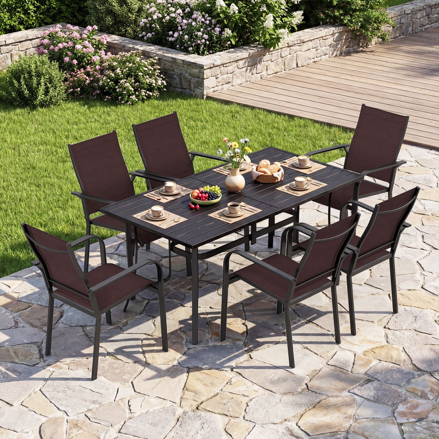 7-Piece Patio Dining Set With Rectangle Table & 6 Stackable Mesh Armchairs, Brown Patio Dining Sets at Gallery Canada