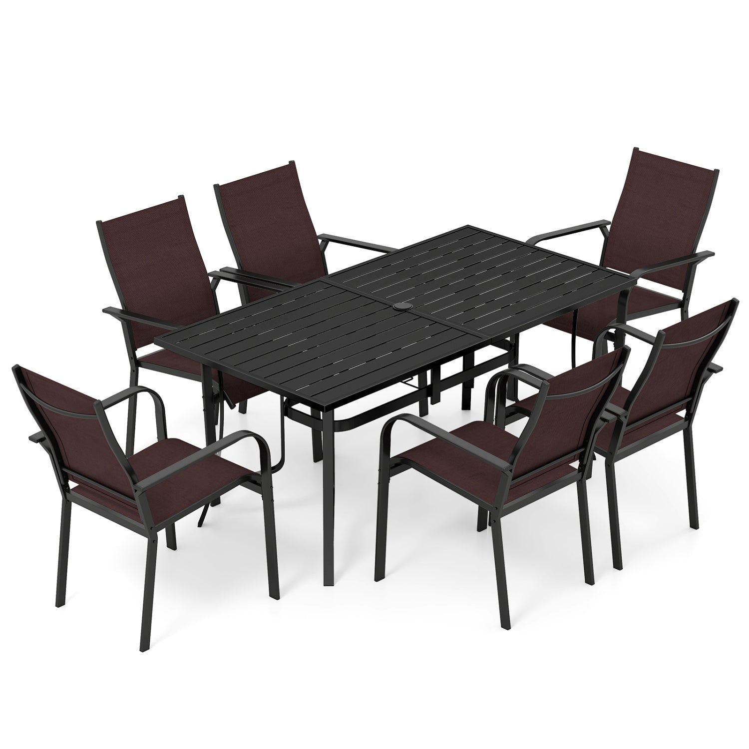 7-Piece Patio Dining Set With Rectangle Table & 6 Stackable Mesh Armchairs, Brown Patio Dining Sets Brown at Gallery Canada