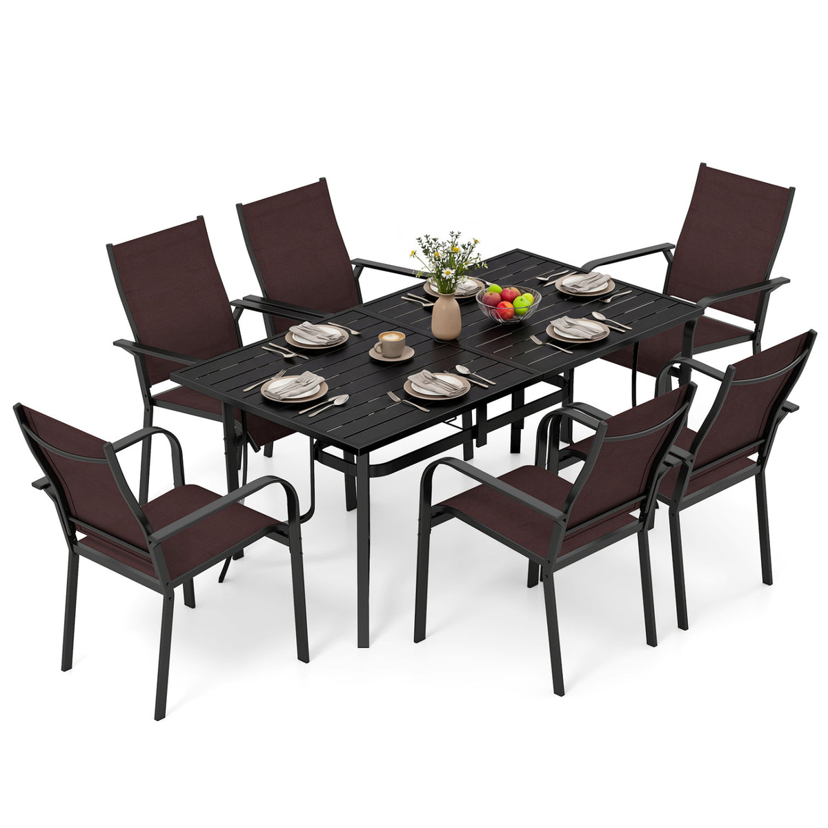 7-Piece Patio Dining Set With Rectangle Table & 6 Stackable Mesh Armchairs, Brown Patio Dining Sets at Gallery Canada