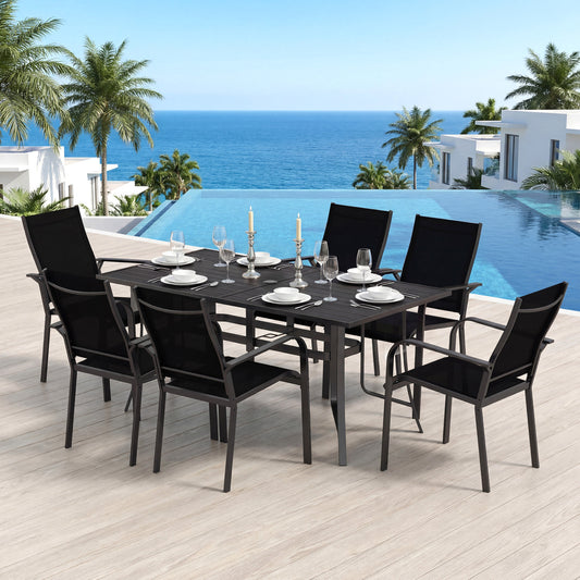 7-Piece Patio Dining Set, 6 Seats, Metal Table & Mesh Armchairs, Black Patio Dining Sets Black at Gallery Canada