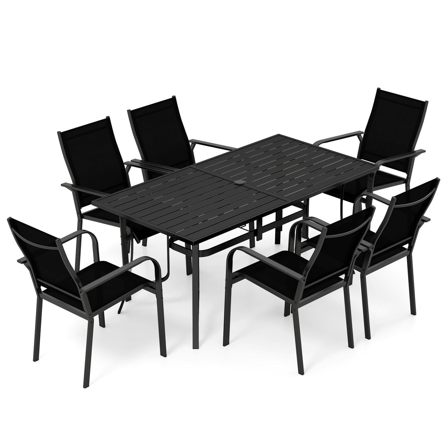 7-Piece Patio Dining Set, 6 Seats, Metal Table & Mesh Armchairs, Black Patio Dining Sets at Gallery Canada