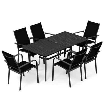 7-Piece Patio Dining Set, 6 Seats, Metal Table & Mesh Armchairs, Black Patio Dining Sets at Gallery Canada