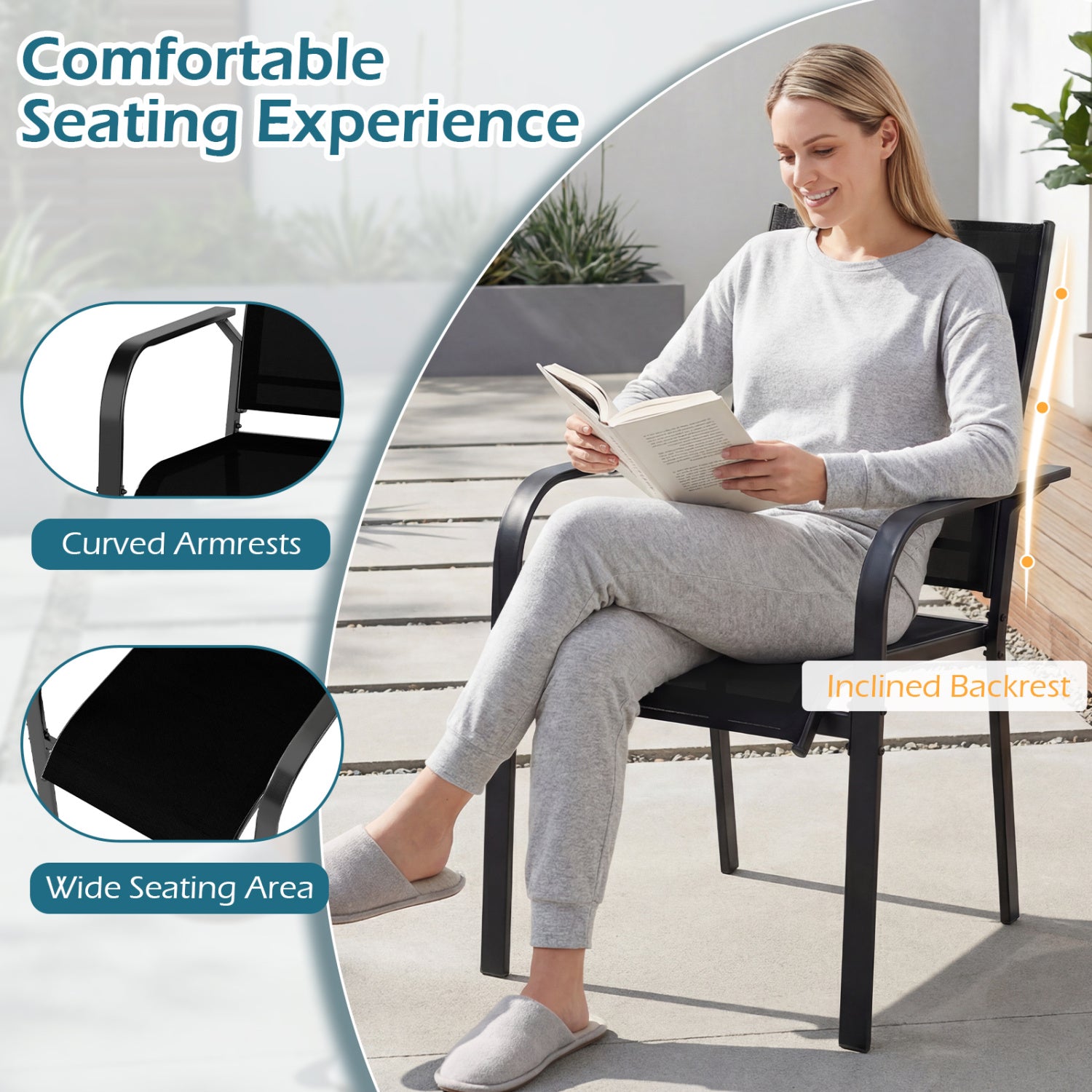 7-Piece Patio Dining Set, 6 Seats, Metal Table & Mesh Armchairs, Black Patio Dining Sets at Gallery Canada