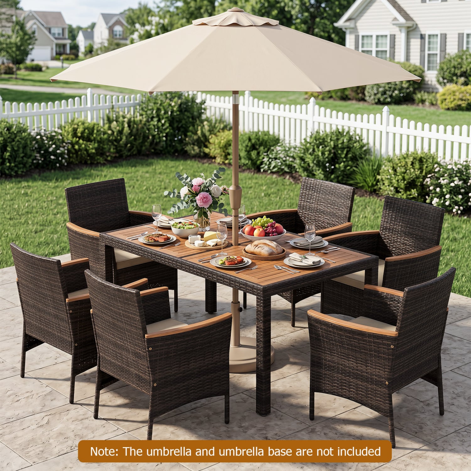 7-Piece Patio Dining Set with Wood Tabletop and Padded Cushion for Backyard, Brown Patio Dining Sets at Gallery Canada