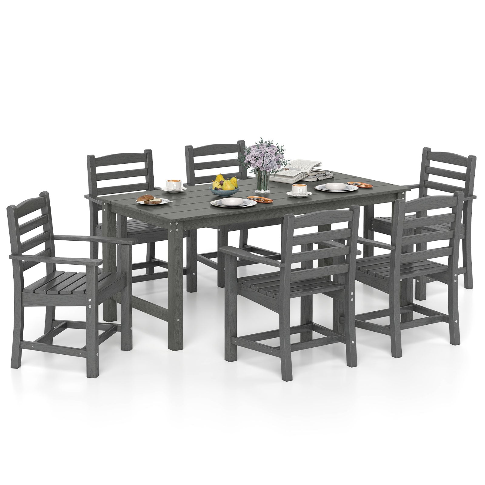 7 Piece Outdoor Dining Set, 67 Inch HDPE Table and 6 Armchairs, Gray Patio Dining Sets at Gallery Canada
