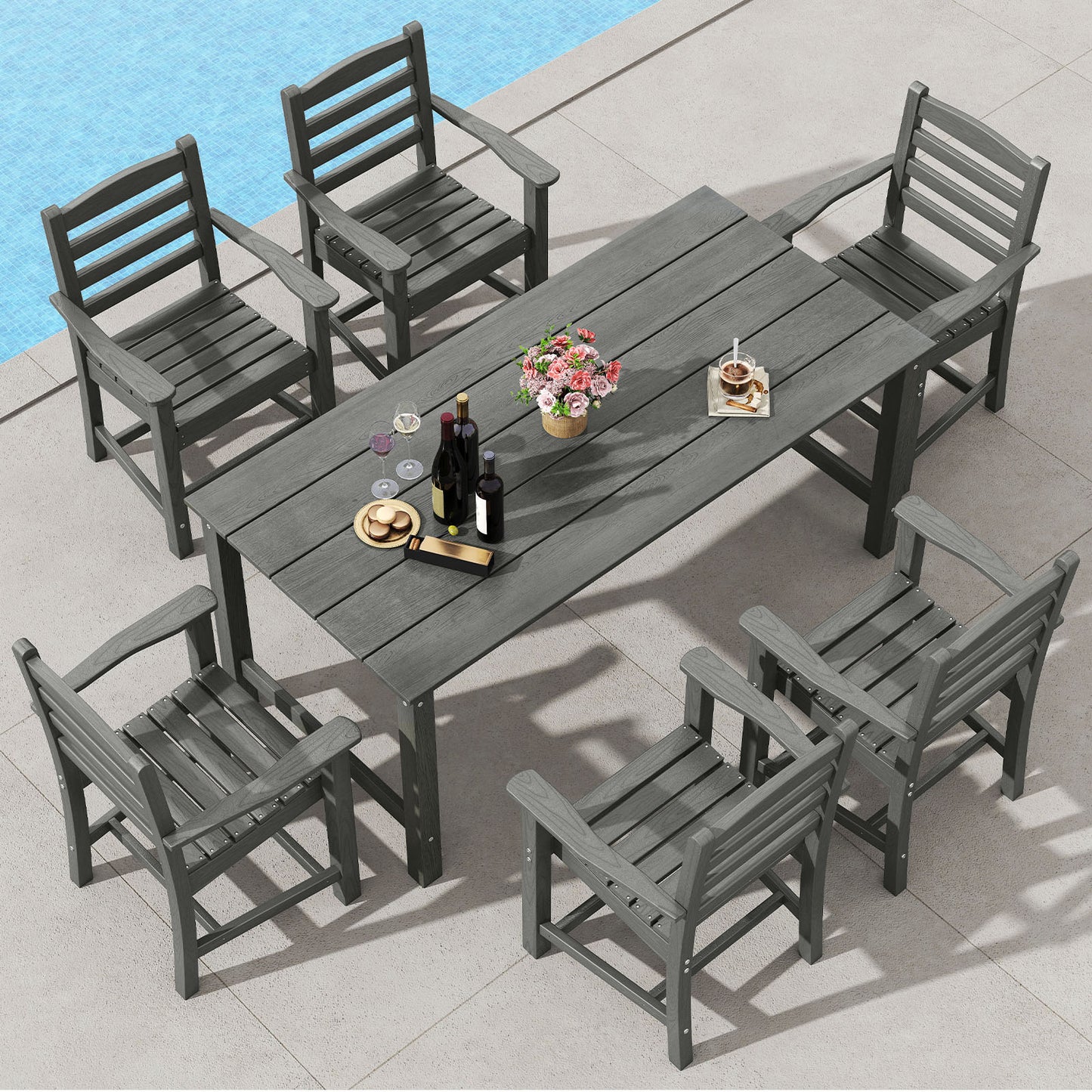 7 Piece Outdoor Dining Set, 67 Inch HDPE Table and 6 Armchairs, Gray Patio Dining Sets at Gallery Canada