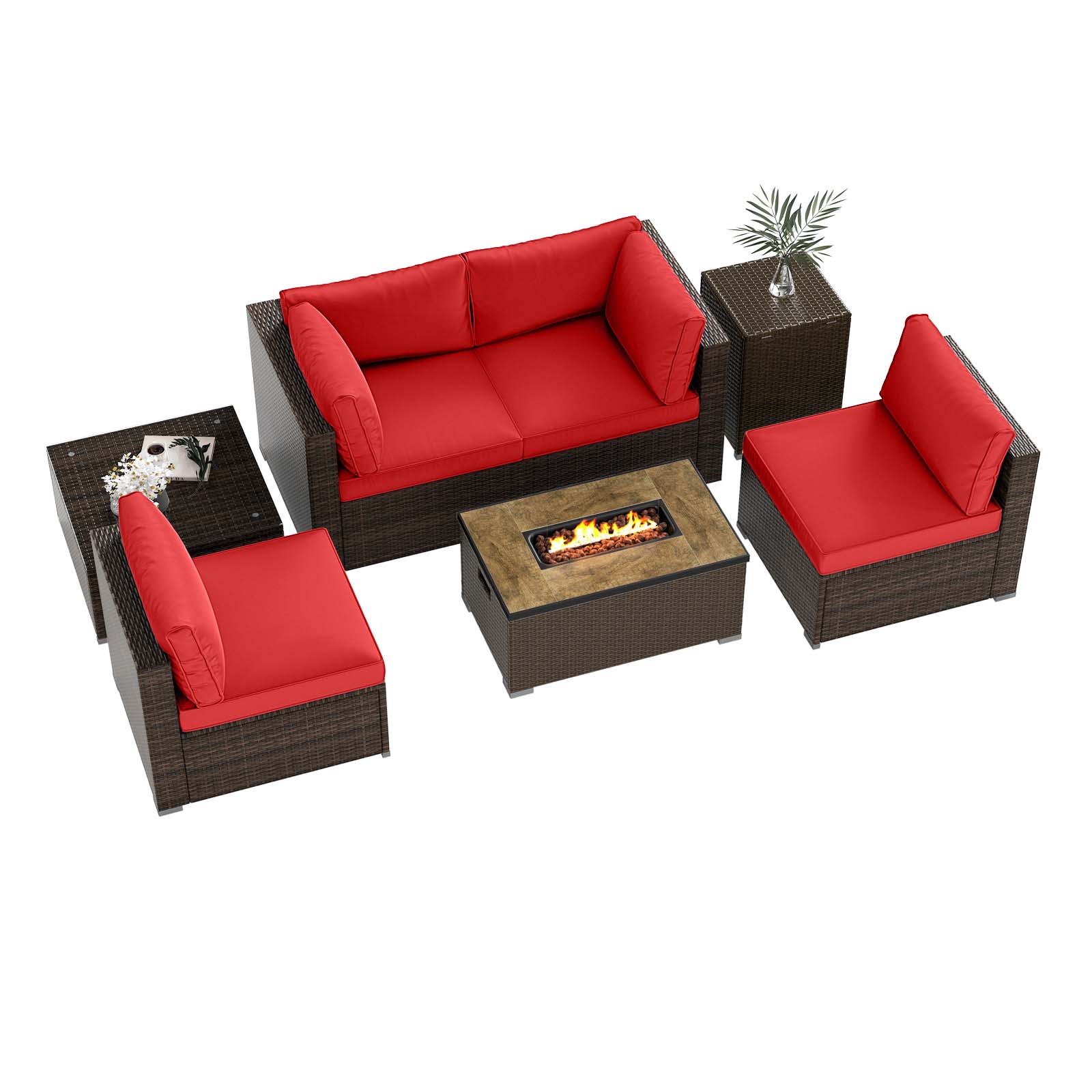 7 Piece Outdoor Furniture Set, 32 Inch Fire Pit Table, Propane Tank Cover, Red Patio Furniture Sets at Gallery Canada
