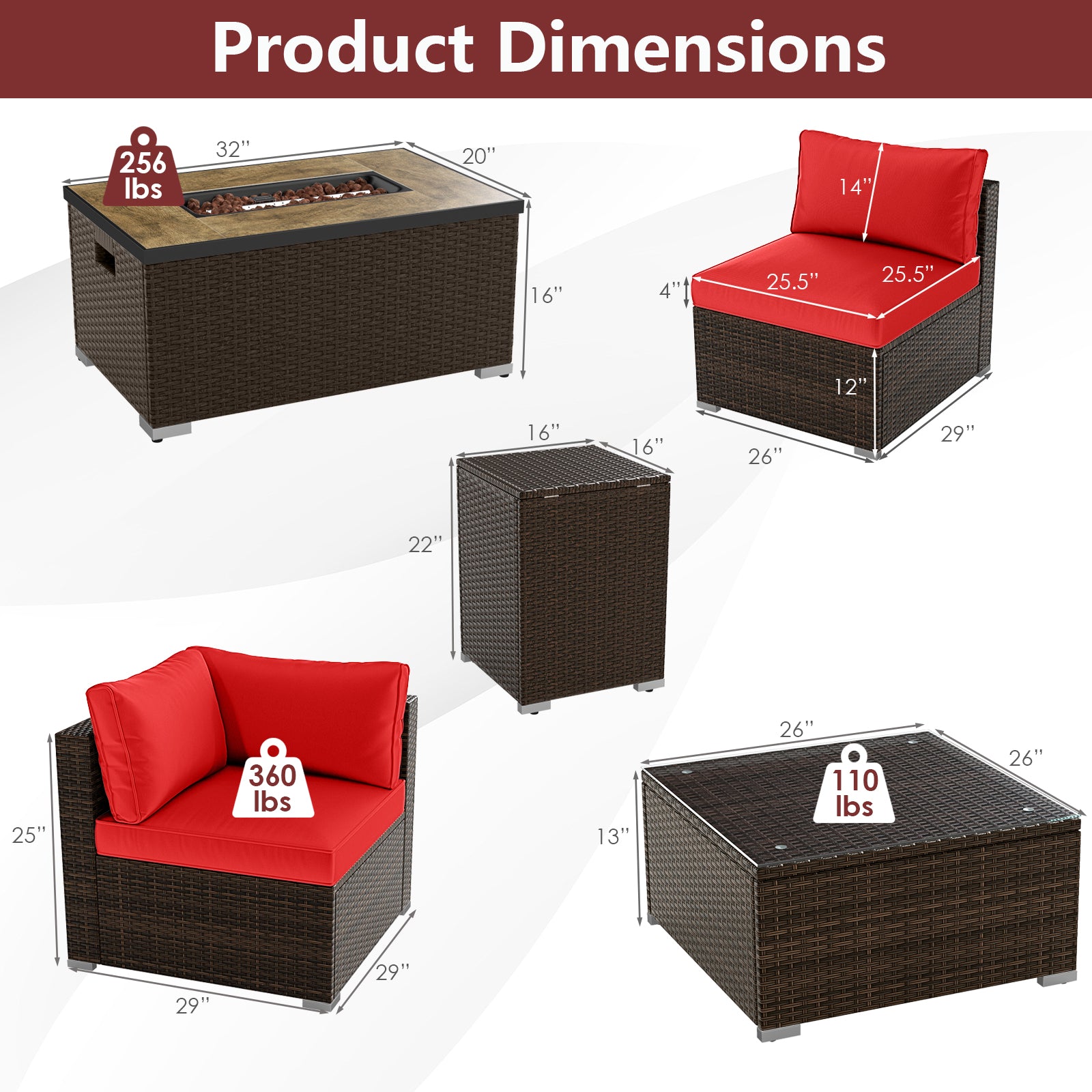 7 Piece Outdoor Furniture Set, 32 Inch Fire Pit Table, Propane Tank Cover, Red Patio Furniture Sets at Gallery Canada