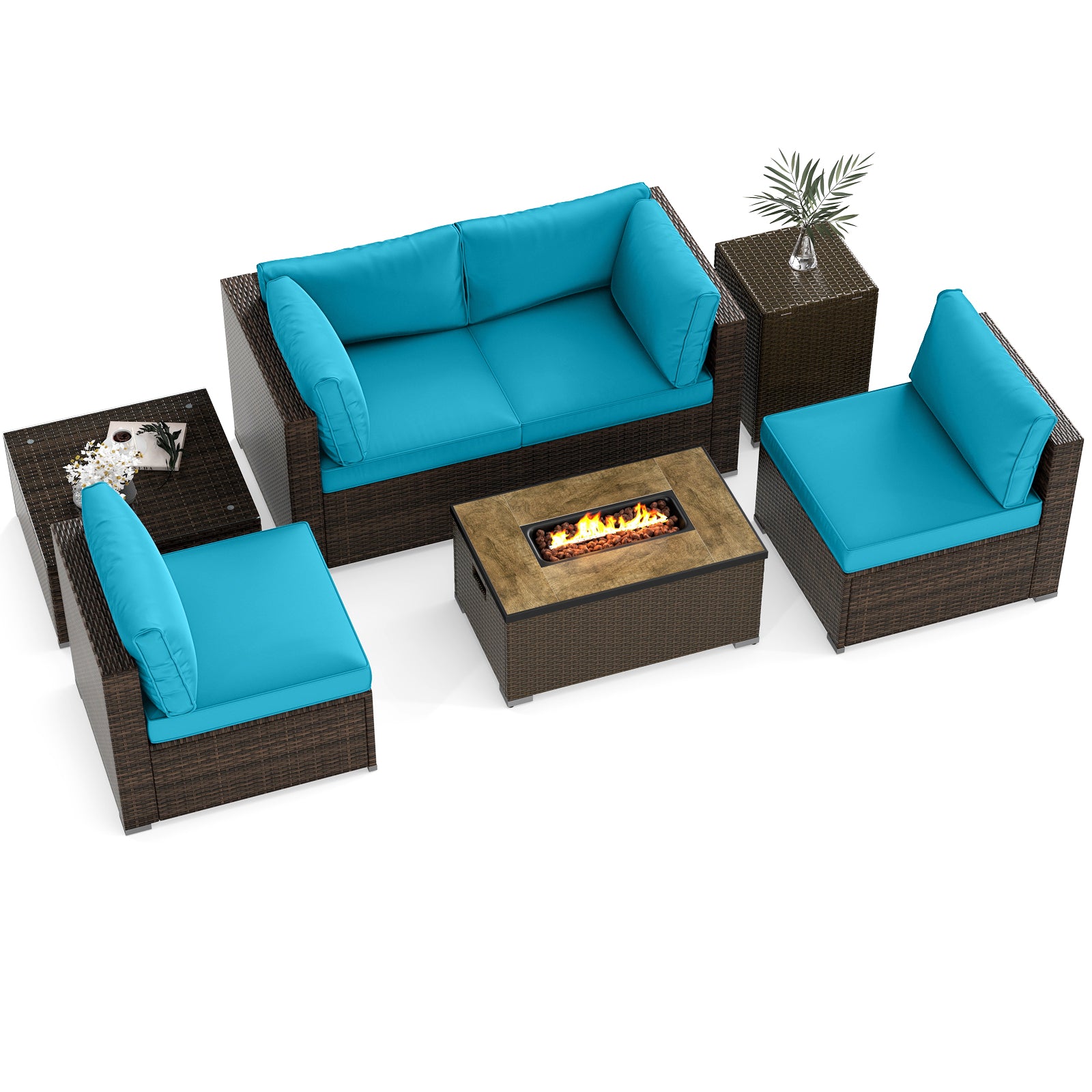 7 Piece Outdoor Furniture Set, 32 Inch Fire Pit Table, Turquoise Patio Furniture Sets Turquoise at Gallery Canada