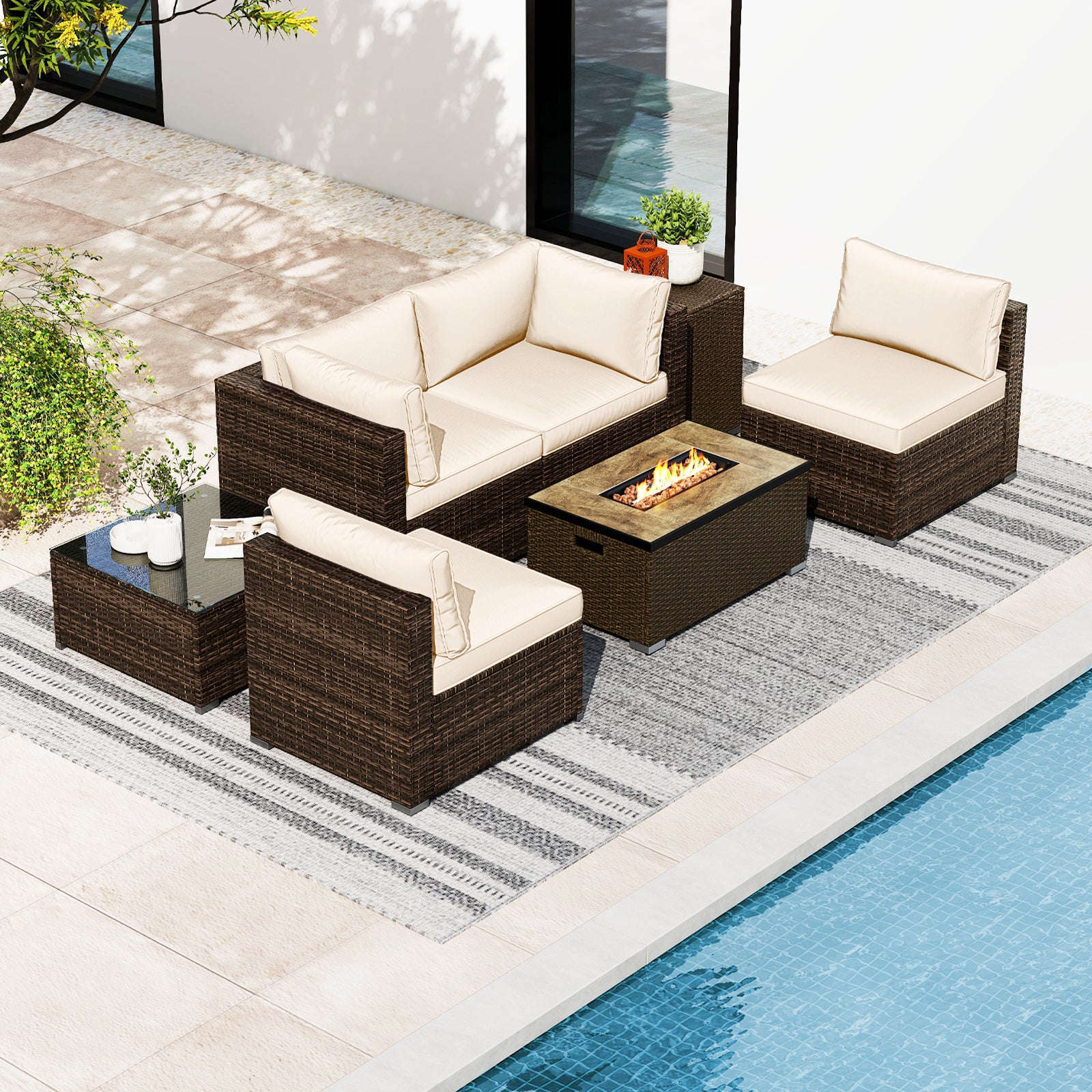 7-Piece Outdoor Furniture Set, 32 Inch Fire Pit Table, White Patio Furniture Sets at Gallery Canada