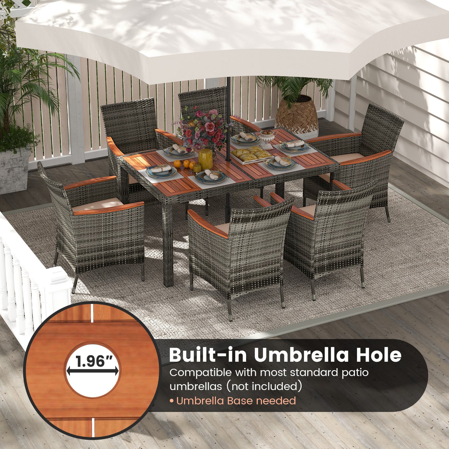 7 Piece Acacia Wood PE Rattan Dining Set, Brown Patio Dining Sets at Gallery Canada
