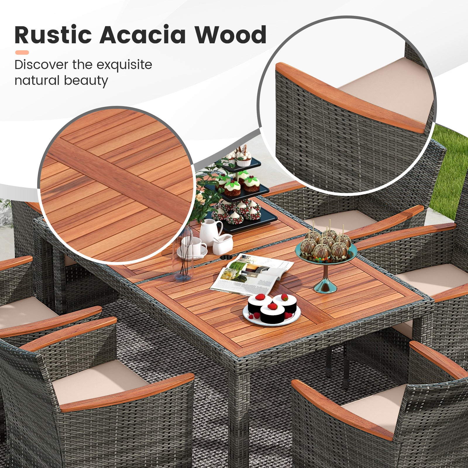 7 Piece Acacia Wood PE Rattan Dining Set, Brown Patio Dining Sets at Gallery Canada