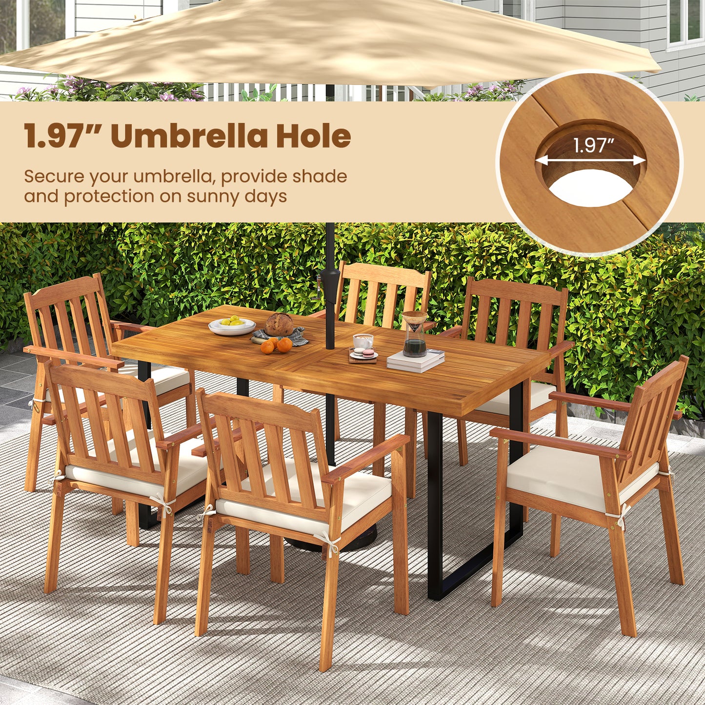 7 Piece Patio Dining Set, 63” Rectangle Table, 6 Acacia Wood Armchairs Patio Dining Sets at Gallery Canada