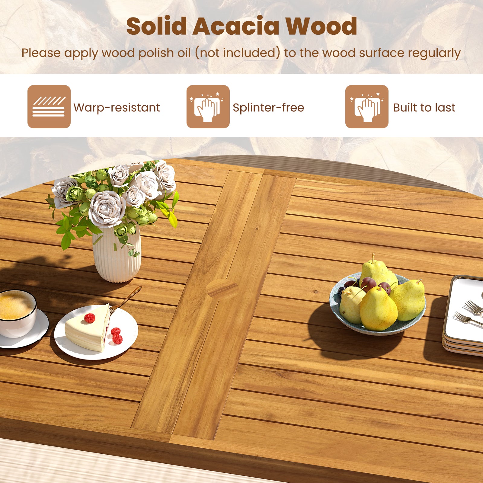 7 Piece Patio Dining Set, 63” Rectangle Table, 6 Acacia Wood Armchairs Patio Dining Sets at Gallery Canada
