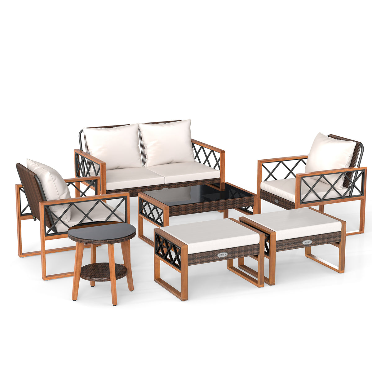7 Piece Patio Furniture Set, PE Wicker Acacia Wood, Outdoor Conversation Set Patio Conversation Sets at Gallery Canada