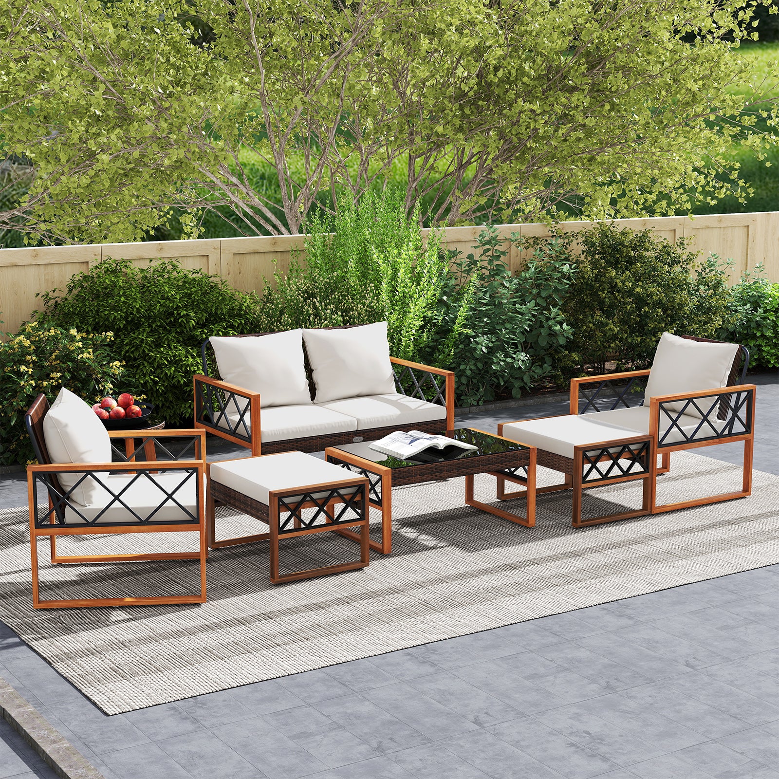 7 Piece Patio Furniture Set, PE Wicker Acacia Wood, Outdoor Conversation Set Patio Conversation Sets at Gallery Canada