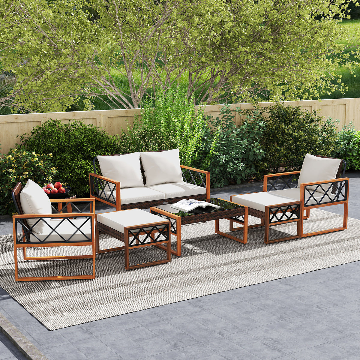 7 Piece Patio Furniture Set, PE Wicker Acacia Wood, Outdoor Conversation Set Patio Conversation Sets at Gallery Canada