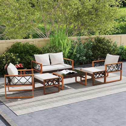 7 Piece Patio Furniture Set, PE Wicker Acacia Wood, Outdoor Conversation Set Patio Conversation Sets at Gallery Canada