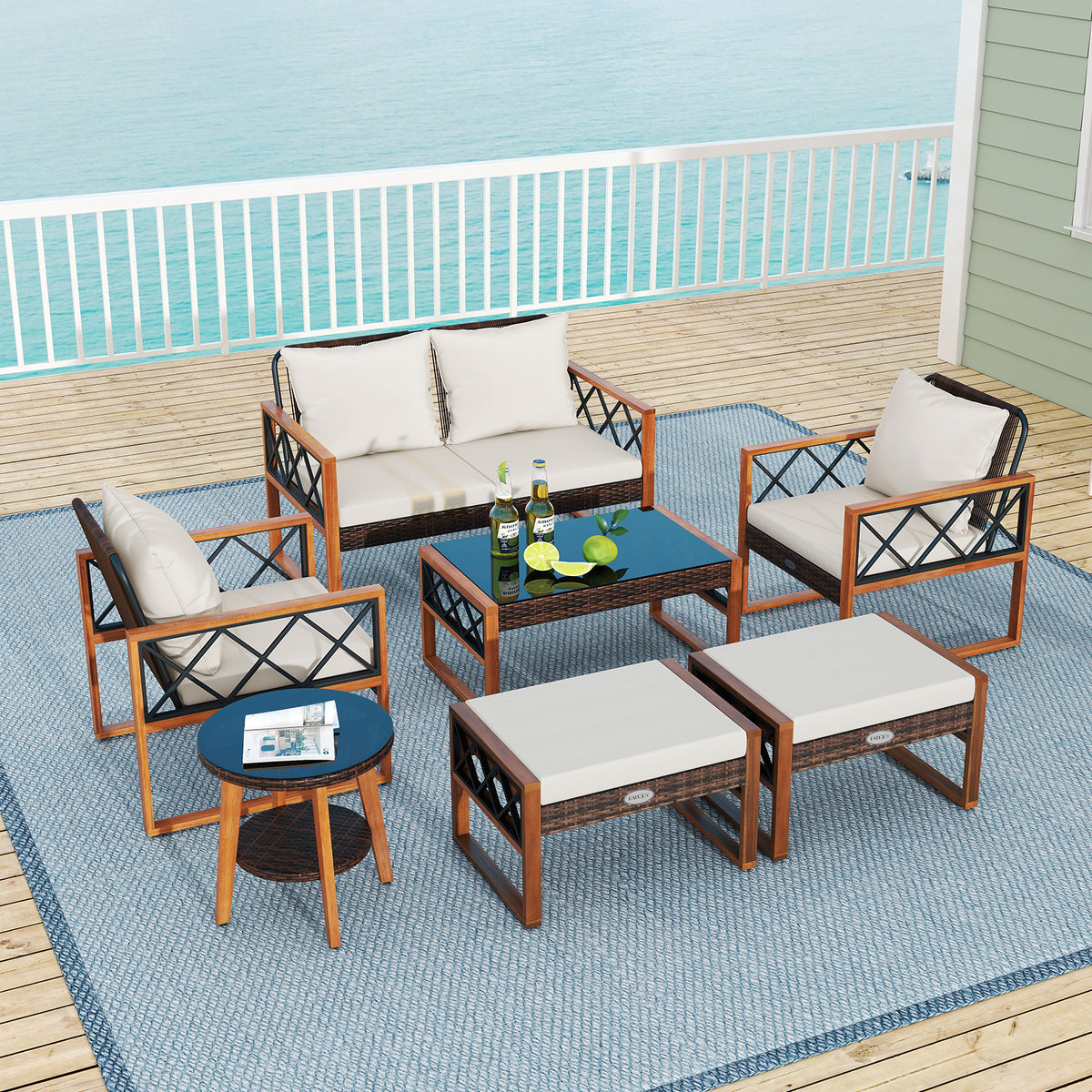 7 Piece Patio Furniture Set, PE Wicker Acacia Wood, Outdoor Conversation Set Patio Conversation Sets at Gallery Canada