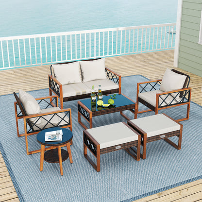 7 Piece Patio Furniture Set, PE Wicker Acacia Wood, Outdoor Conversation Set Patio Conversation Sets at Gallery Canada
