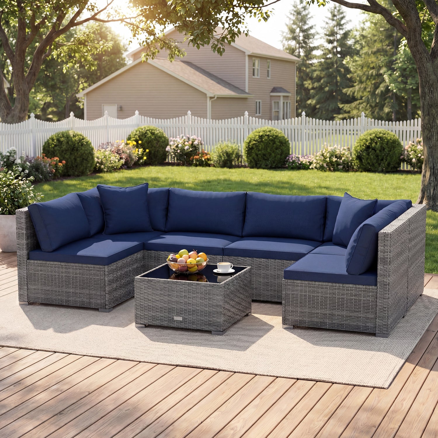 7 Piece PE Rattan Patio Set with Coffee Table, Navy Outdoor Sectionals at Gallery Canada
