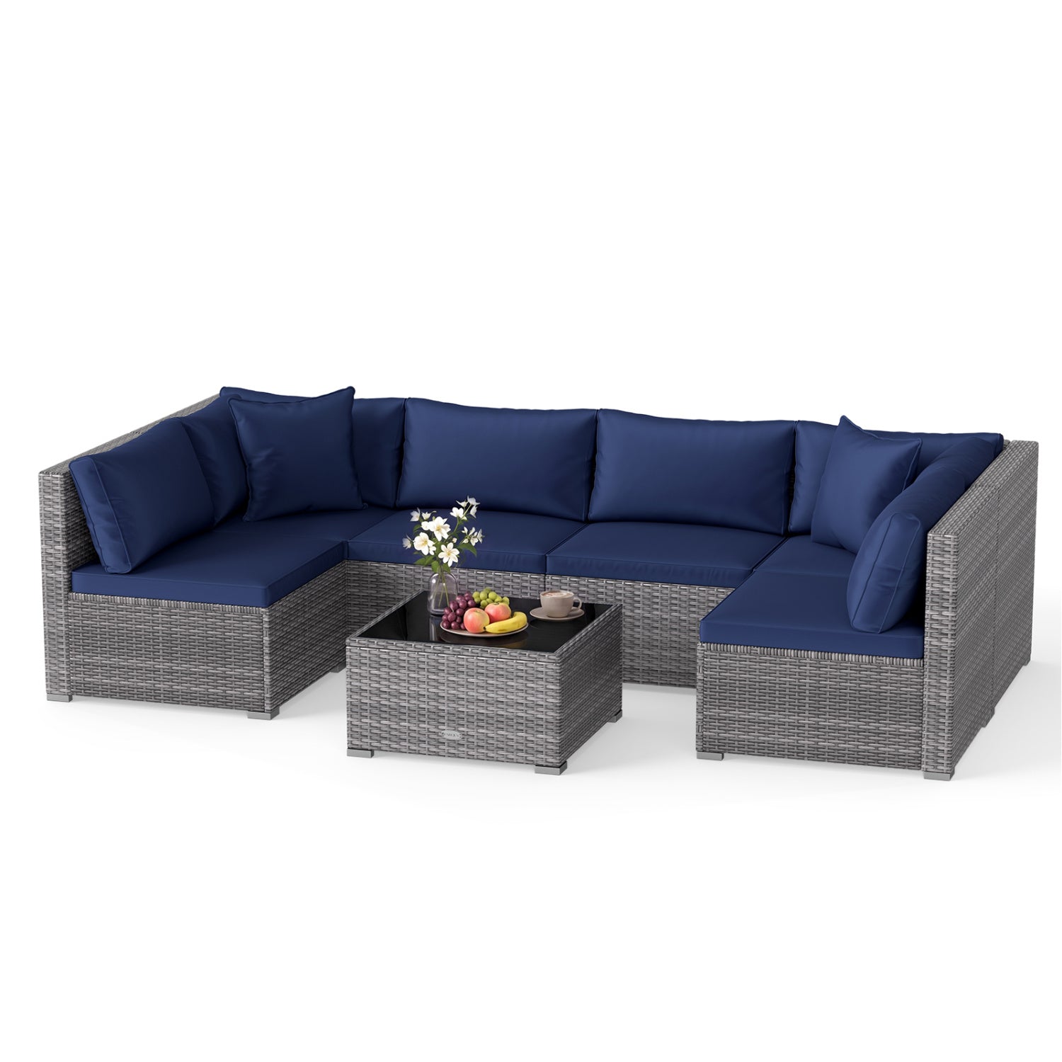 7 Piece PE Rattan Patio Set with Coffee Table, Navy Outdoor Sectionals at Gallery Canada