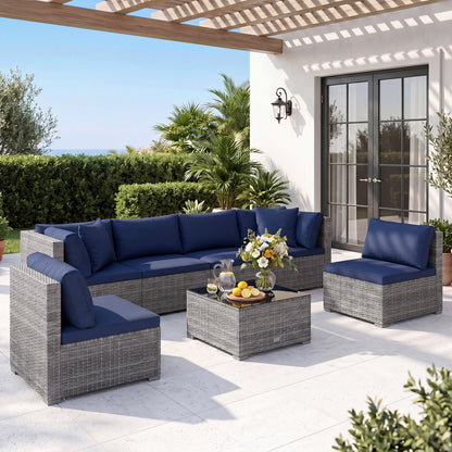 7 Piece PE Rattan Patio Set with Coffee Table, Navy Outdoor Sectionals at Gallery Canada
