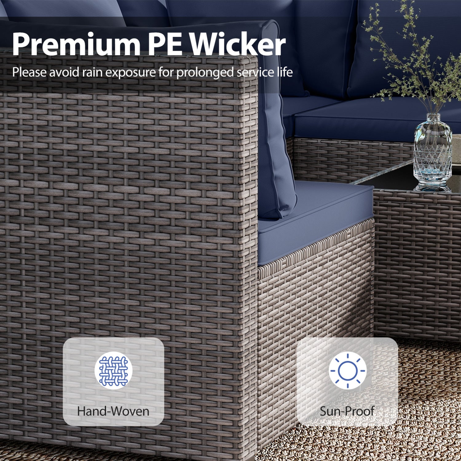 7 Piece PE Rattan Patio Set with Coffee Table, Navy Outdoor Sectionals at Gallery Canada