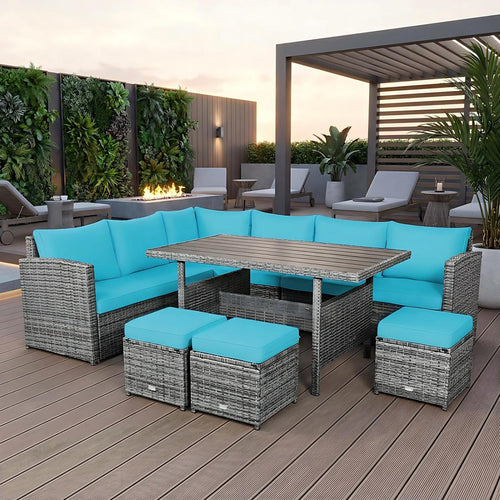 7-Piece Rattan Patio Dining Set, Sectional Sofa, Turquoise