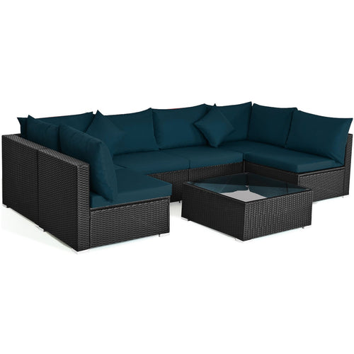 7-Piece Sectional Wicker Sofa Set, Tempered Glass Top, Peacock Blue