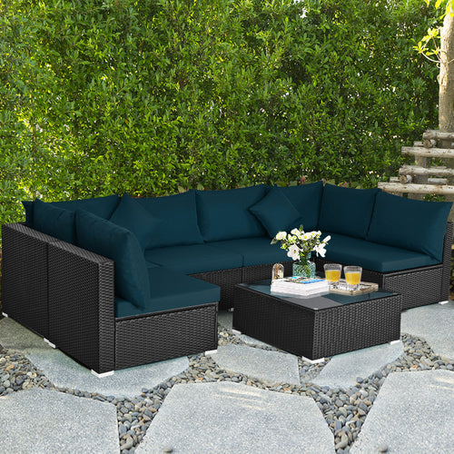 7-Piece Sectional Wicker Sofa Set, Tempered Glass Top, Peacock Blue