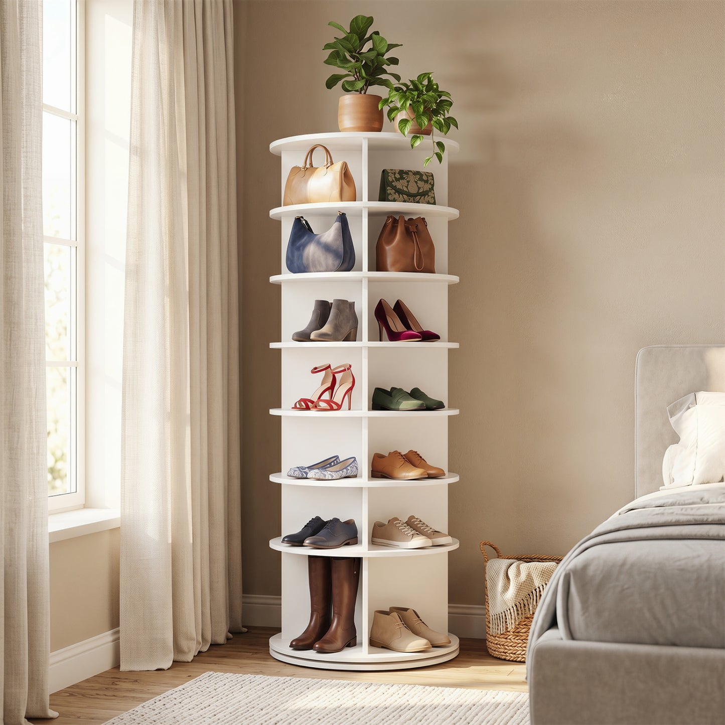 7-Tier Rotating Shoe Rack Tower, White Shoe Racks & Storage Benches at Gallery Canada