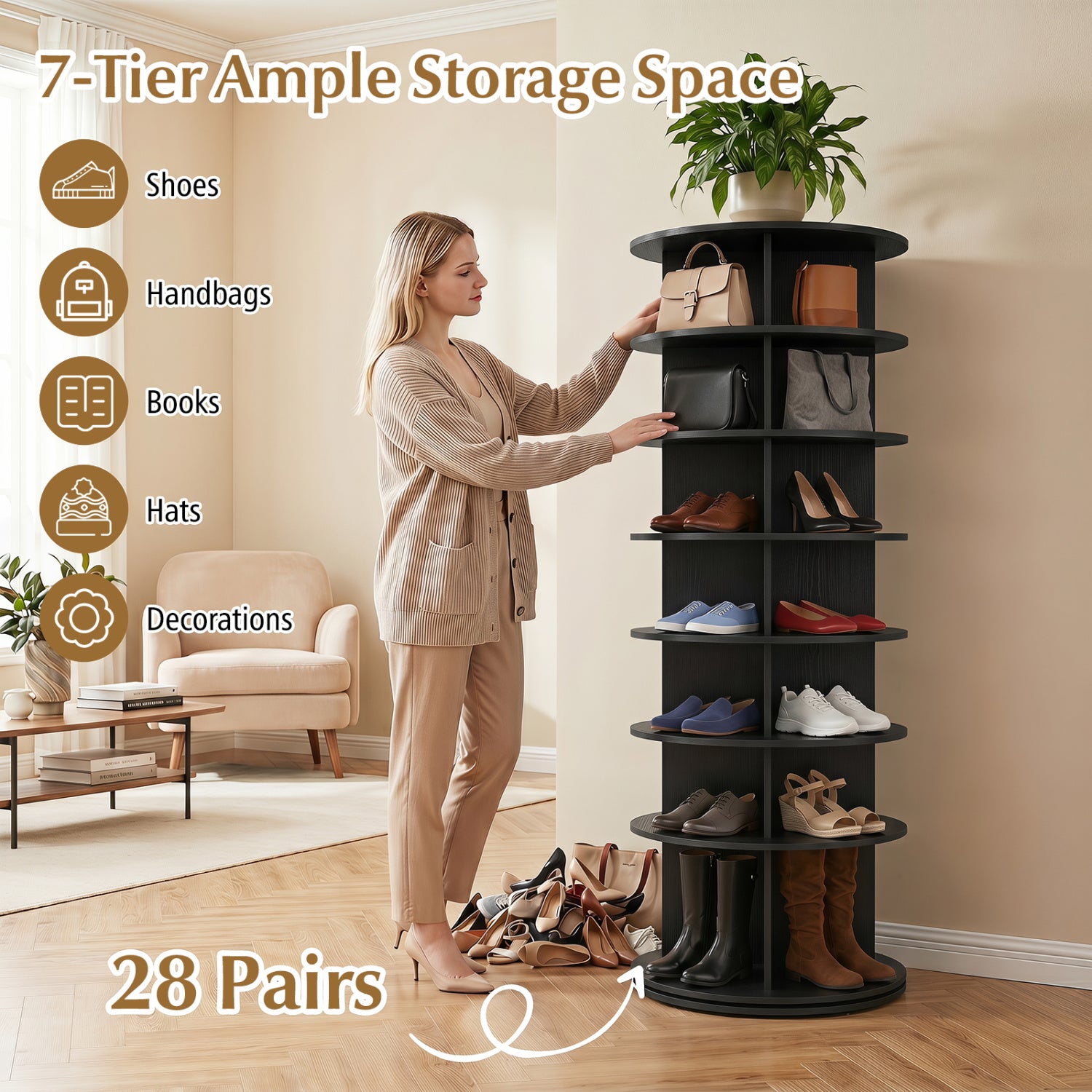 7-Tier Rotating Shoe Rack Tower, Black Shoe Racks & Storage Benches at Gallery Canada
